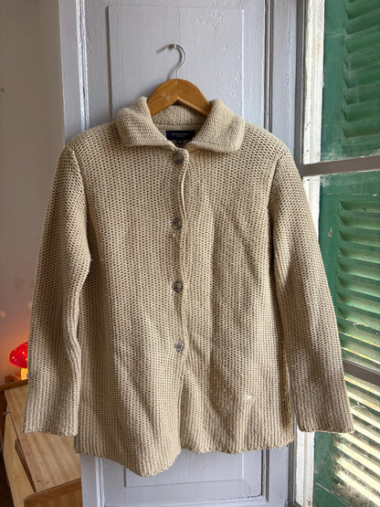 Burberry London Chunky Wool Cardigan | Beige Knit Button Up | Cozy Winter wear | Nova Check Buttons