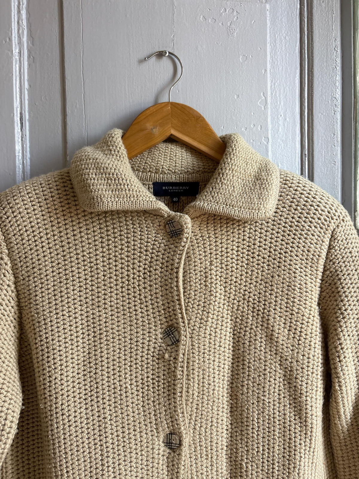 Burberry London Chunky Wool Cardigan | Beige Knit Button Up | Cozy Winter wear | Nova Check Buttons