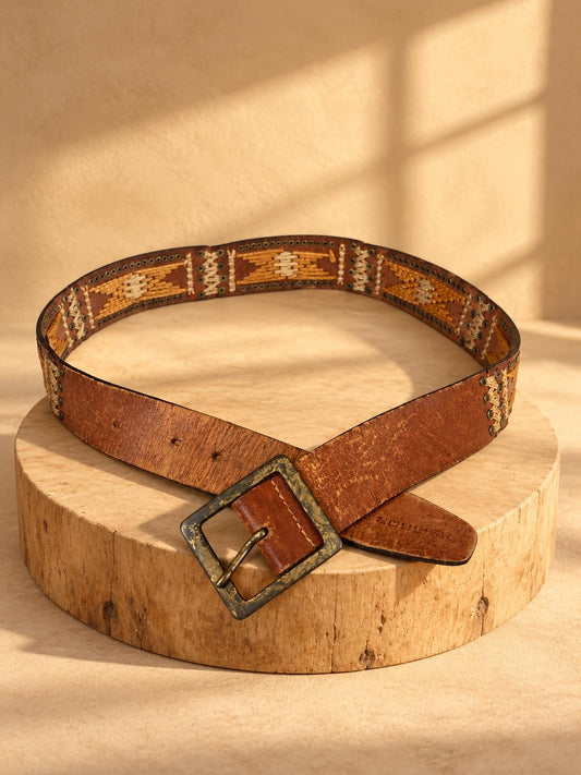 Boho Genuine Leather Woven Belt | Handwoven Western Festival Belt | Rustic Brown | 100 cm
