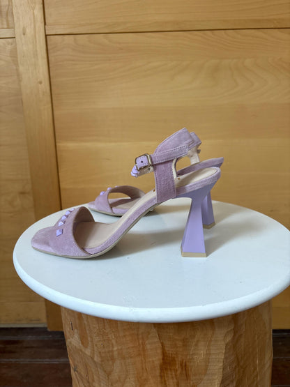 Lavender Suede Studded Heels — fabric close-up