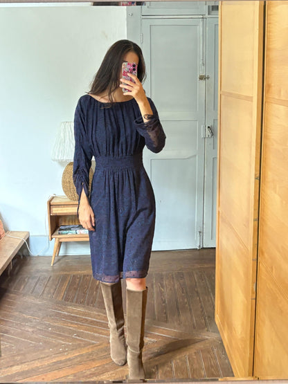 Antik Batik Silk Bohemian Dress | 100% Silk | Cotton Lining | Navy Print | Size L (EU 42)