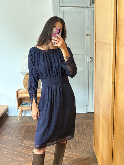 Antik Batik Silk Bohemian Dress | 100% Silk | Cotton Lining | Navy Print | Size L (EU 42)