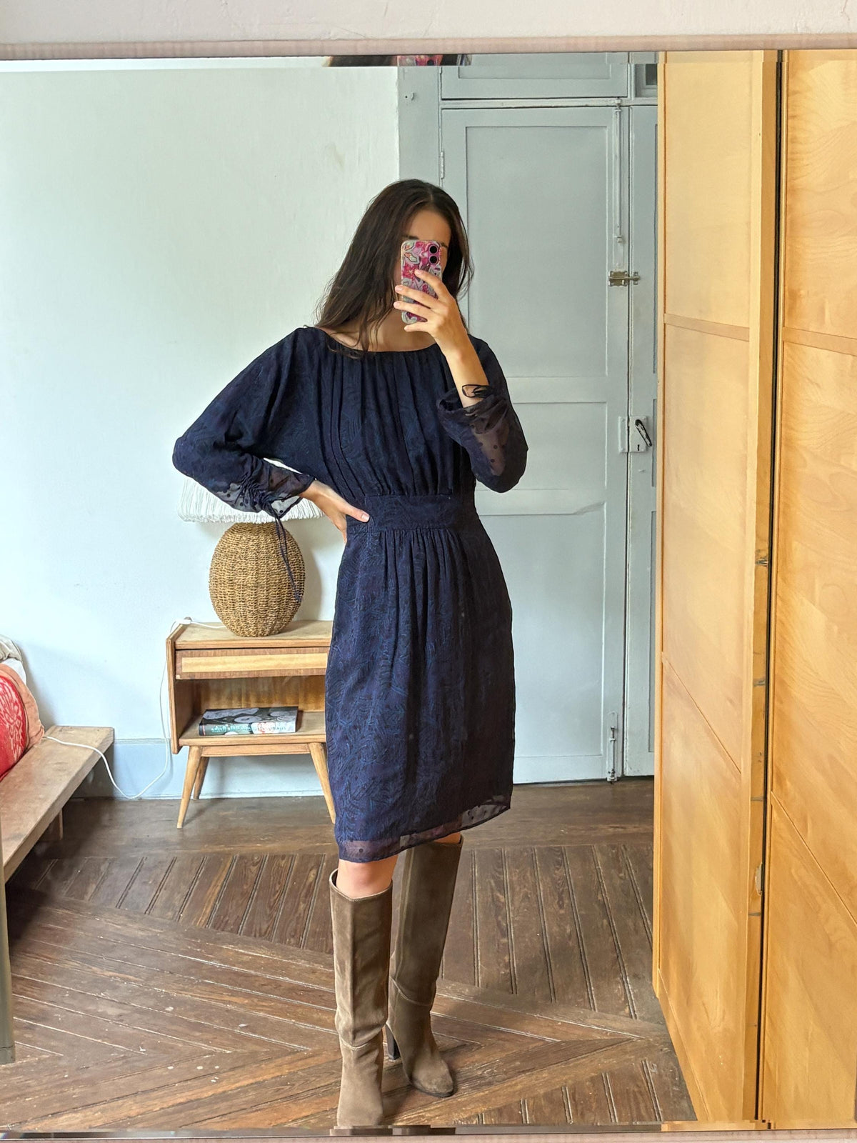 Antik Batik Silk Bohemian Dress | 100% Silk | Cotton Lining | Navy Print | Size L (EU 42)