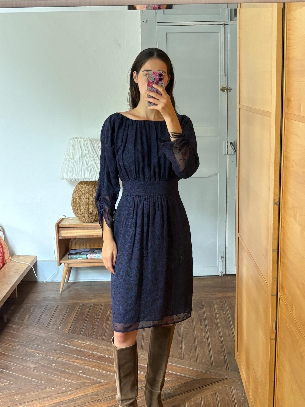 Antik Batik Silk Bohemian Dress | 100% Silk | Cotton Lining | Navy Print | Size L (EU 42)