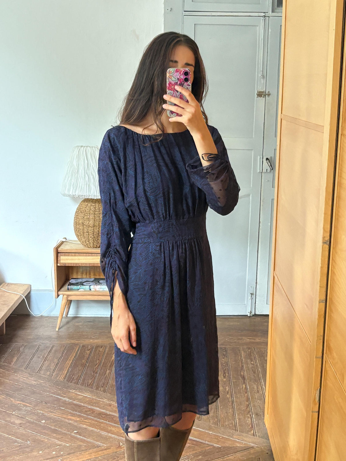 Antik Batik Silk Bohemian Dress | 100% Silk | Cotton Lining | Navy Print | Size L (EU 42)