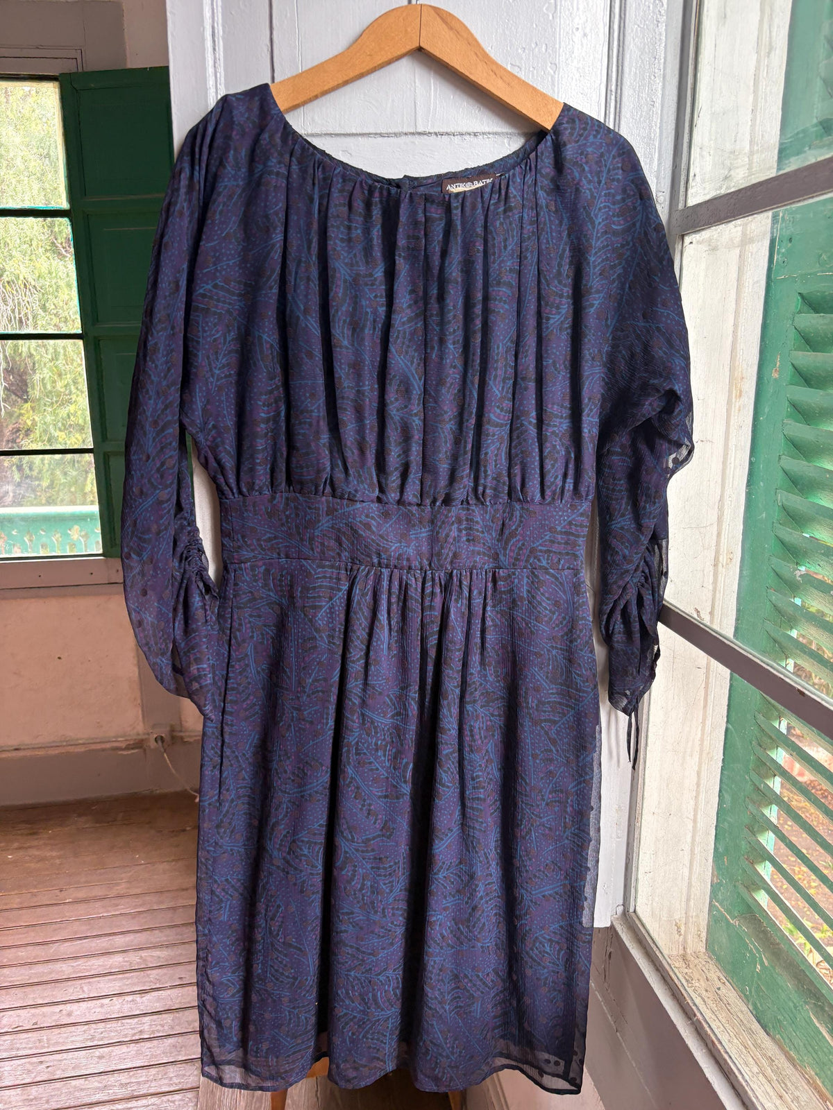 Antik Batik Silk Bohemian Dress | 100% Silk | Cotton Lining | Navy Print | Size L (EU 42)