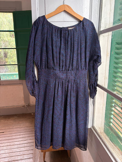 Antik Batik Silk Bohemian Dress | 100% Silk | Cotton Lining | Navy Print | Size L (EU 42)