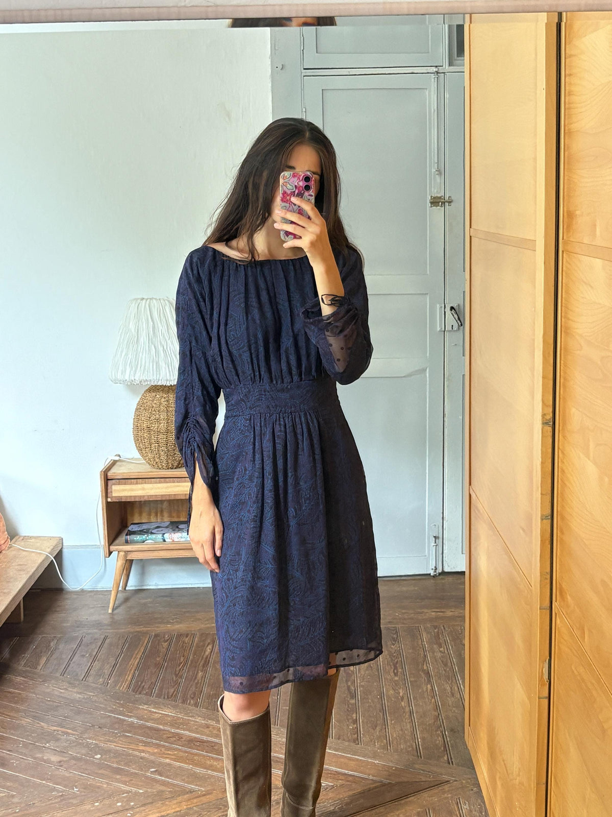 Antik Batik Silk Bohemian Dress | 100% Silk | Cotton Lining | Navy Print | Size L (EU 42)