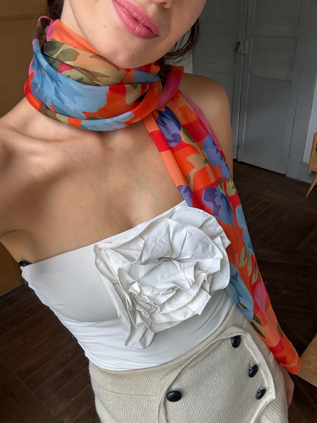 Large 100% Silk Floral Scarf | Long Sheer Wrap | Vibrant Orange & Blue | Luxury wardrobe staple