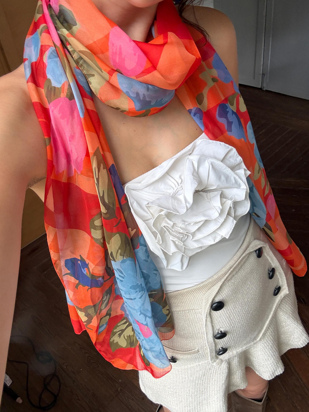 Large 100% Silk Floral Scarf | Long Sheer Wrap | Vibrant Orange & Blue | Luxury wardrobe staple
