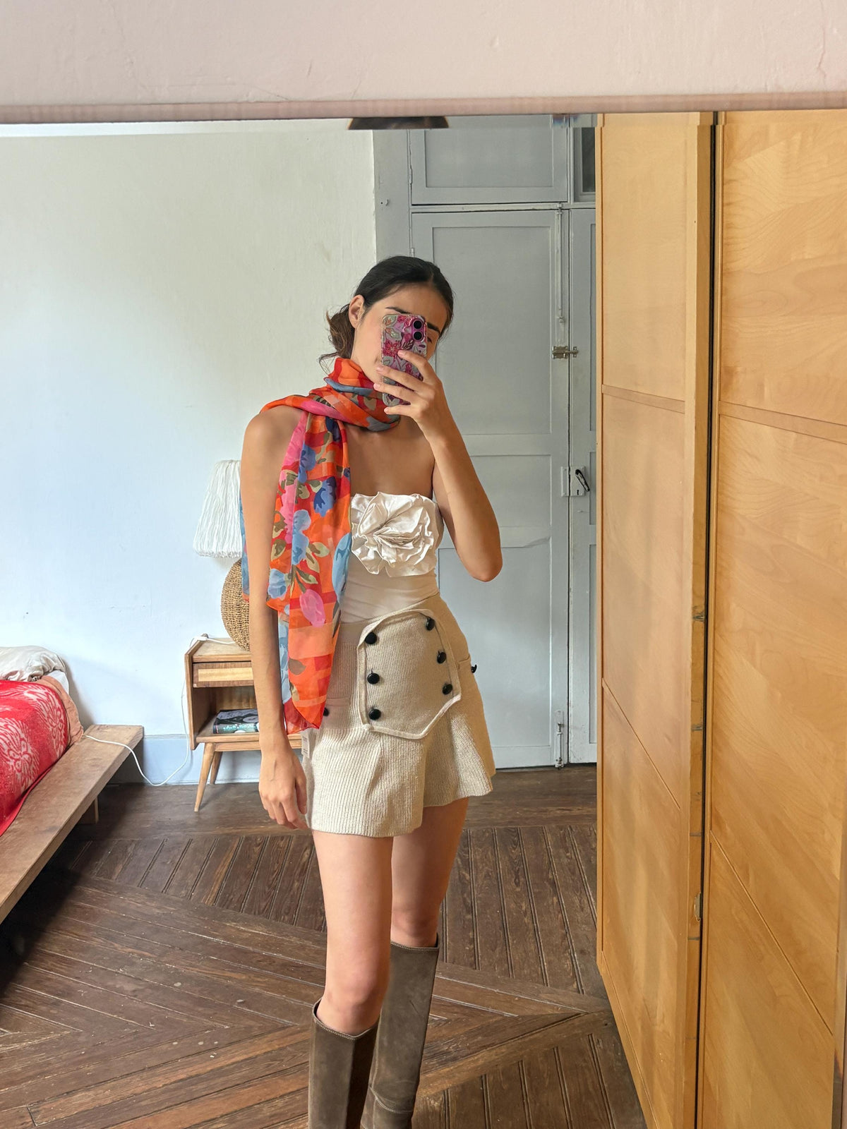 Large 100% Silk Floral Scarf | Long Sheer Wrap | Vibrant Orange & Blue | Luxury wardrobe staple