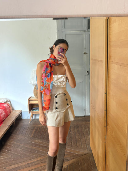 Large 100% Silk Floral Scarf | Long Sheer Wrap | Vibrant Orange & Blue | Luxury wardrobe staple