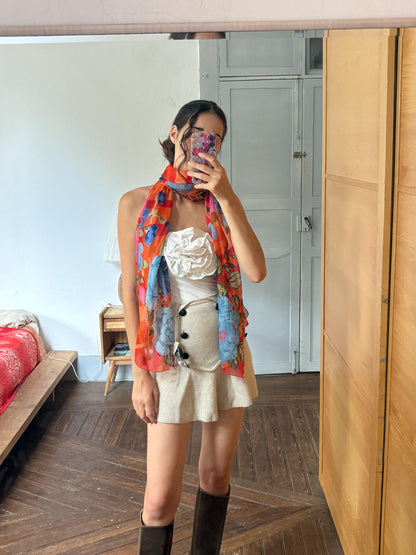 Large 100% Silk Floral Scarf | Long Sheer Wrap | Vibrant Orange & Blue | Luxury wardrobe staple