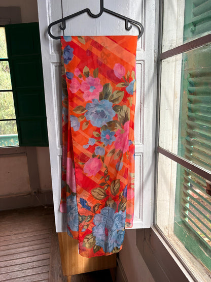 Large 100% Silk Floral Scarf | Long Sheer Wrap | Vibrant Orange & Blue | Luxury wardrobe staple