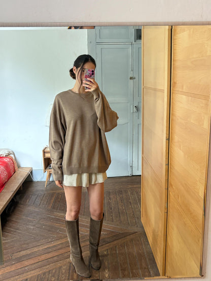 Men’s Wool blend brown Jumper Size 12  - 4X Oversized Taupe Crew Neck Knit | Made in Spain Quiet Luxury Sweater