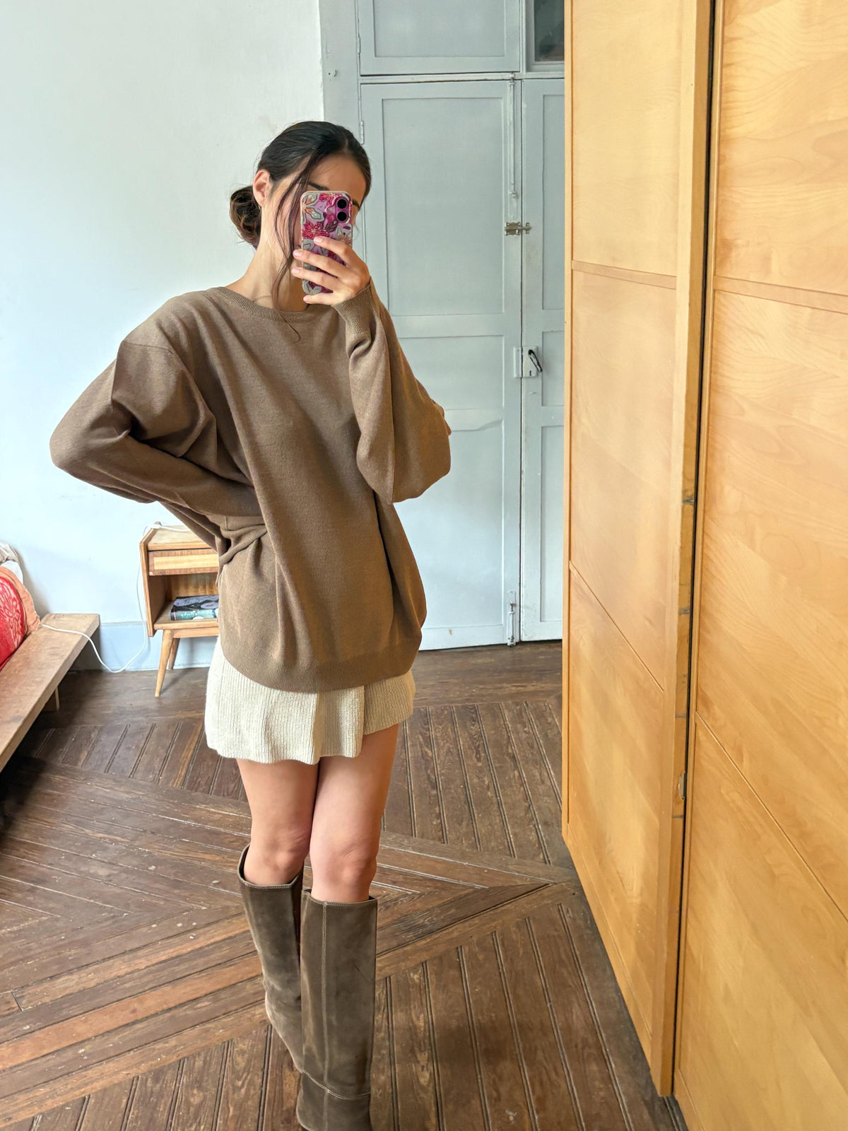 Men’s Wool blend brown Jumper Size 12  - 4X Oversized Taupe Crew Neck Knit | Made in Spain Quiet Luxury Sweater