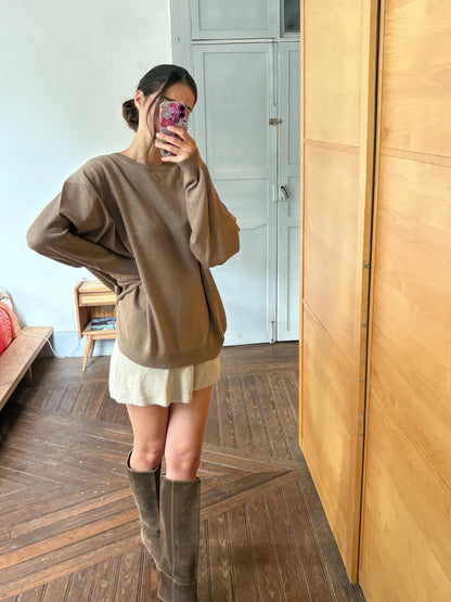 Men’s Wool blend brown Jumper Size 12  - 4X Oversized Taupe Crew Neck Knit | Made in Spain Quiet Luxury Sweater