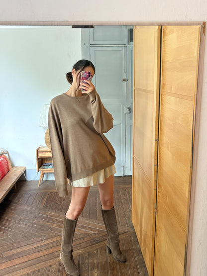 Men’s Wool blend brown Jumper Size 12  - 4X Oversized Taupe Crew Neck Knit | Made in Spain Quiet Luxury Sweater