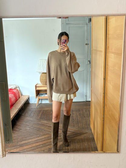 Men’s Wool blend brown Jumper Size 12  - 4X Oversized Taupe Crew Neck Knit | Made in Spain Quiet Luxury Sweater