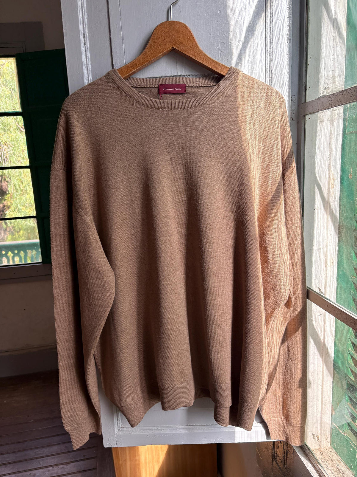 Men’s Wool blend brown Jumper Size 12  - 4X Oversized Taupe Crew Neck Knit | Made in Spain Quiet Luxury Sweater