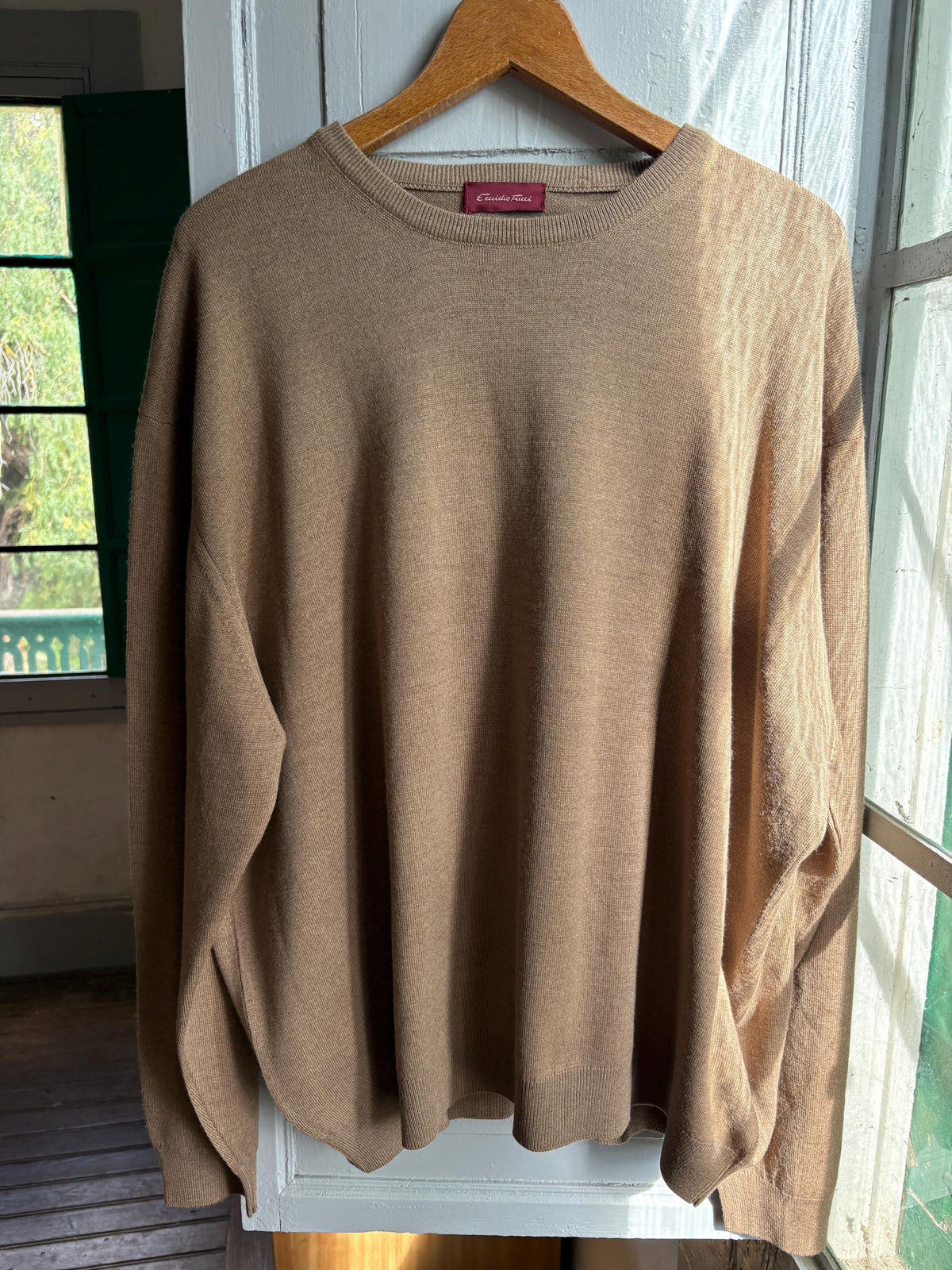 Men’s Wool blend brown Jumper Size 12  - 4X Oversized Taupe Crew Neck Knit | Made in Spain Quiet Luxury Sweater