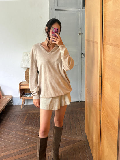 Luxe Beige Cotton Silk Cashmere Jumper | Men’s Oversized V-Neck Knit | Unisex Luxury Sweater