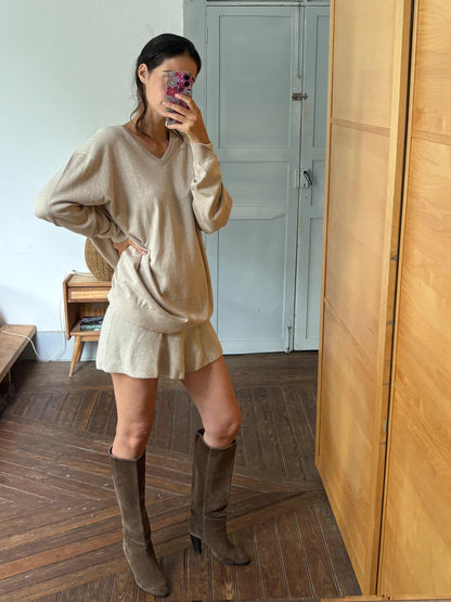 Luxe Beige Cotton Silk Cashmere Jumper | Men’s Oversized V-Neck Knit | Unisex Luxury Sweater