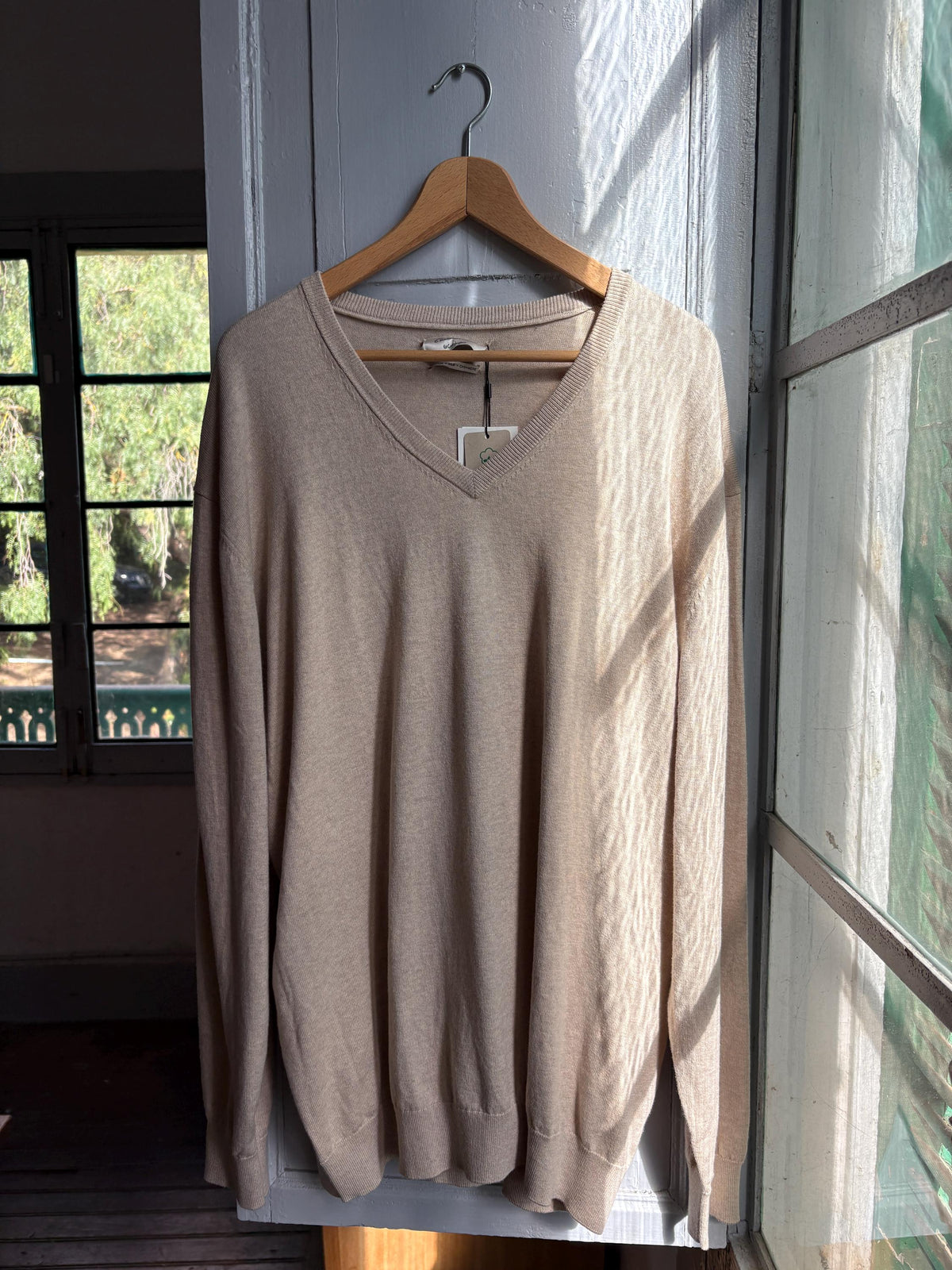 Luxe Beige Cotton Silk Cashmere Jumper | Men’s Oversized V-Neck Knit | Unisex Luxury Sweater