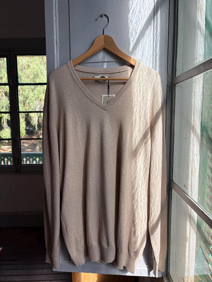 Luxe Beige Cotton Silk Cashmere Jumper | Men’s Oversized V-Neck Knit | Unisex Luxury Sweater