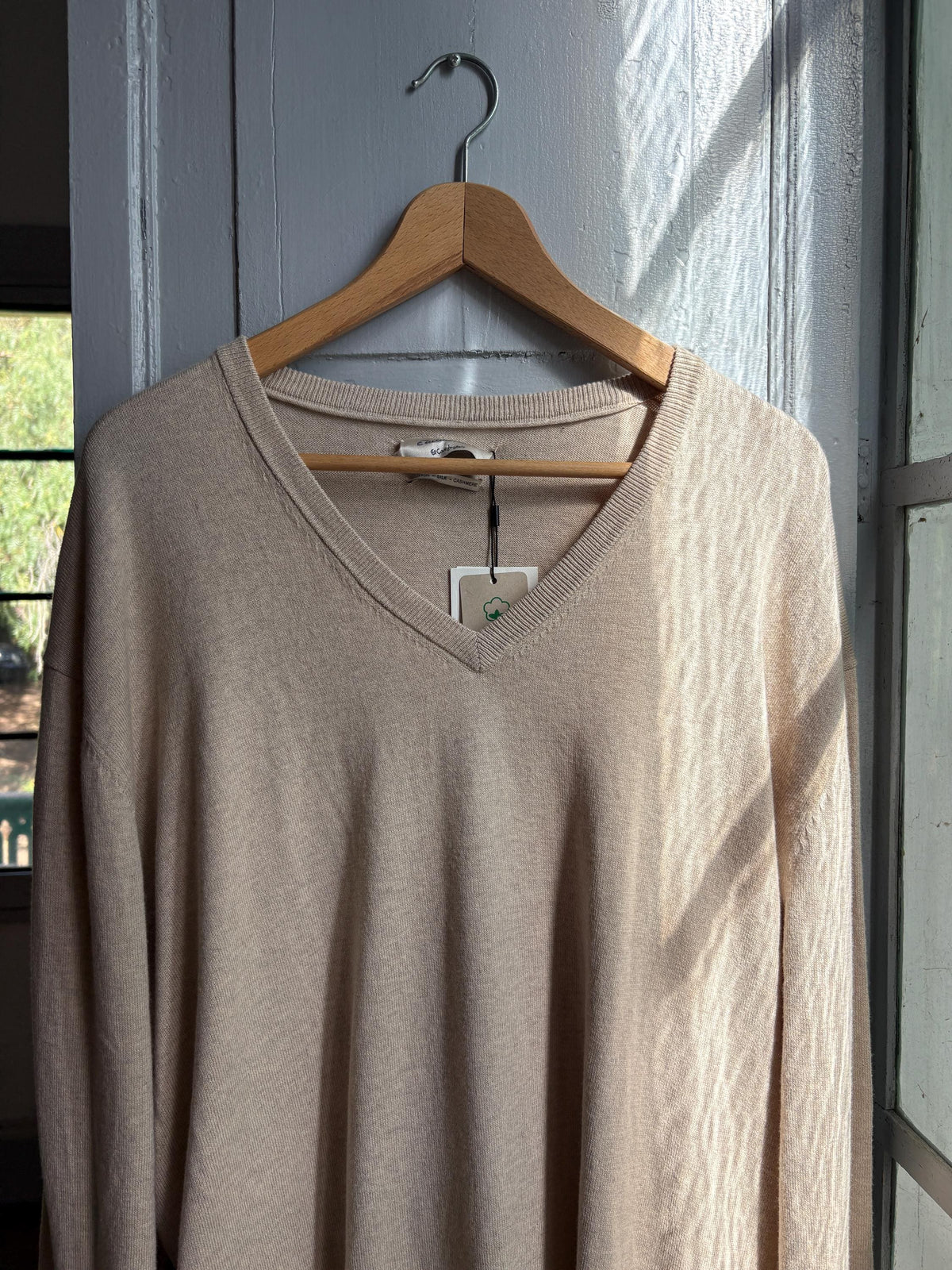 Luxe Beige Cotton Silk Cashmere Jumper | Men’s Oversized V-Neck Knit | Unisex Luxury Sweater