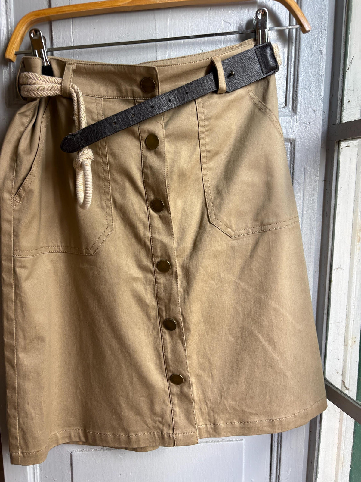 Morgan de Toi Beige High-Waist Skirt EU 36 | Belted Button-Front Utility Mini | French Y2K Safari Style