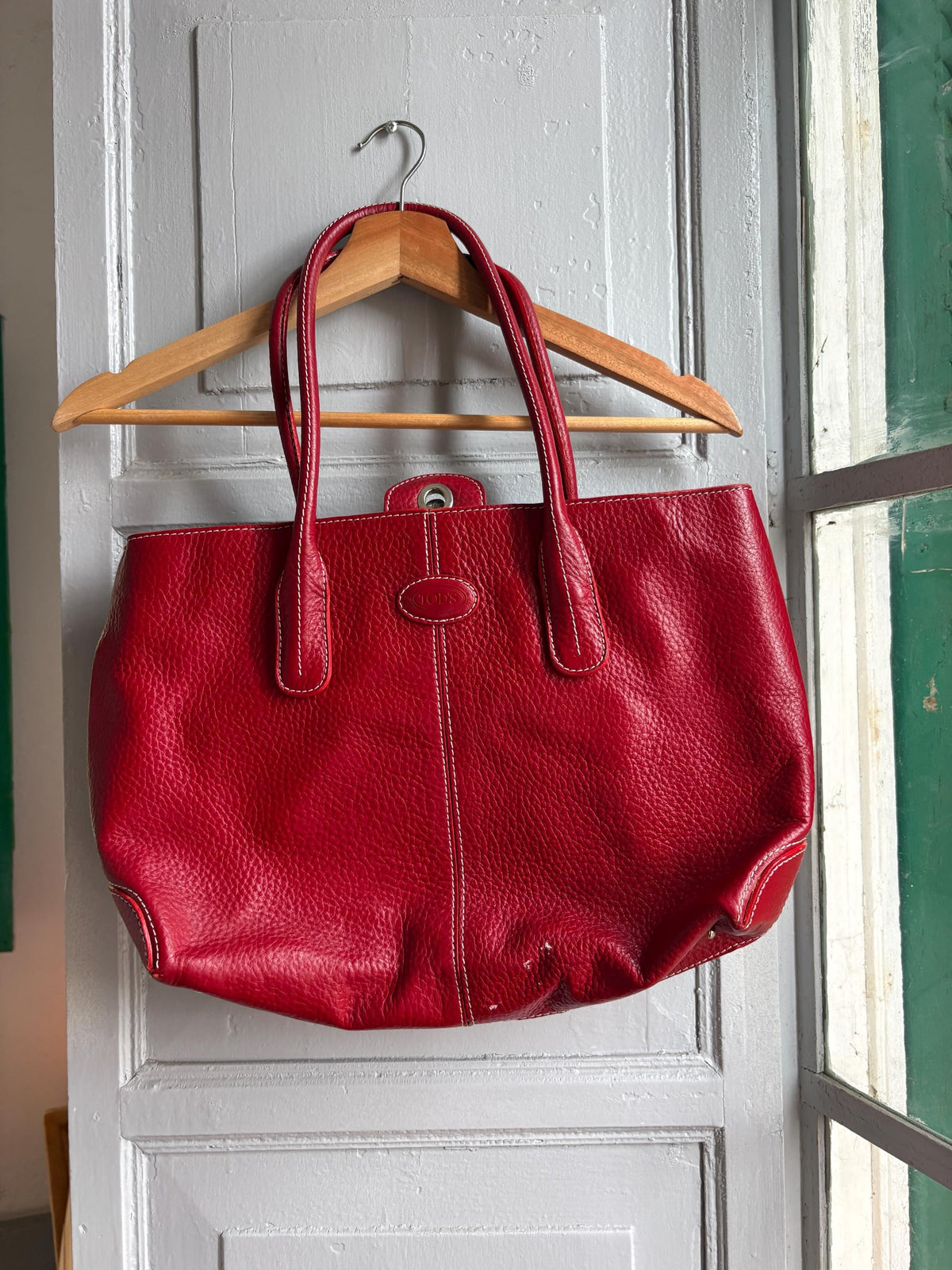 TOD'S Red Leather Tote Bag | Italian Luxury Handbag | Genuine Pebbled Leather | Everyday Statement Bag