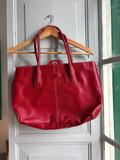 TOD'S Red Leather Tote Bag | Italian Luxury Handbag | Genuine Pebbled Leather | Everyday Statement Bag