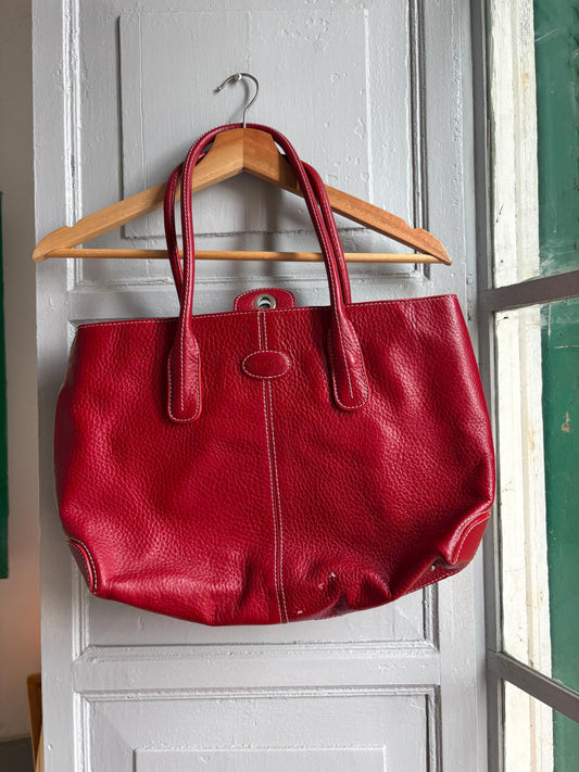 TOD'S Red Leather Tote Bag | Italian Luxury Handbag | Genuine Pebbled Leather | Everyday Statement Bag