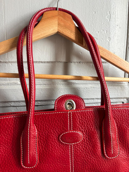 TOD'S Red Leather Tote Bag | Italian Luxury Handbag | Genuine Pebbled Leather | Everyday Statement Bag