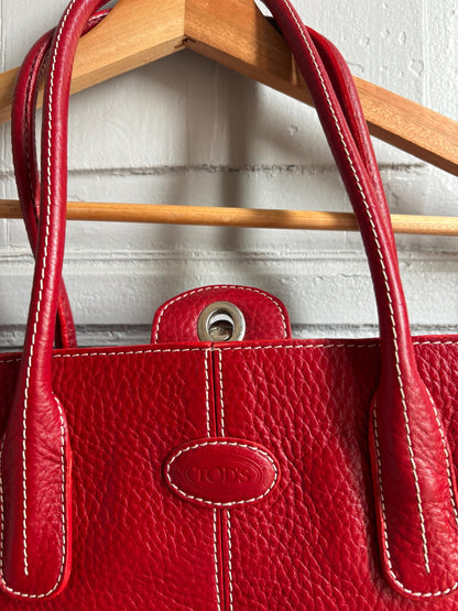 TOD'S Red Leather Tote Bag | Italian Luxury Handbag | Genuine Pebbled Leather | Everyday Statement Bag