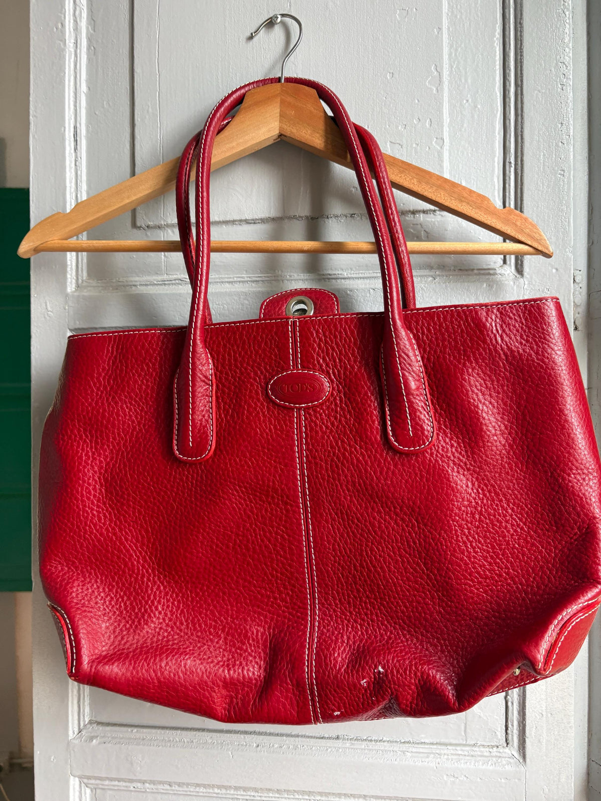 TOD'S Red Leather Tote Bag | Italian Luxury Handbag | Genuine Pebbled Leather | Everyday Statement Bag