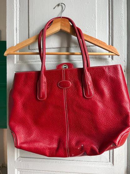 TOD'S Red Leather Tote Bag | Italian Luxury Handbag | Genuine Pebbled Leather | Everyday Statement Bag