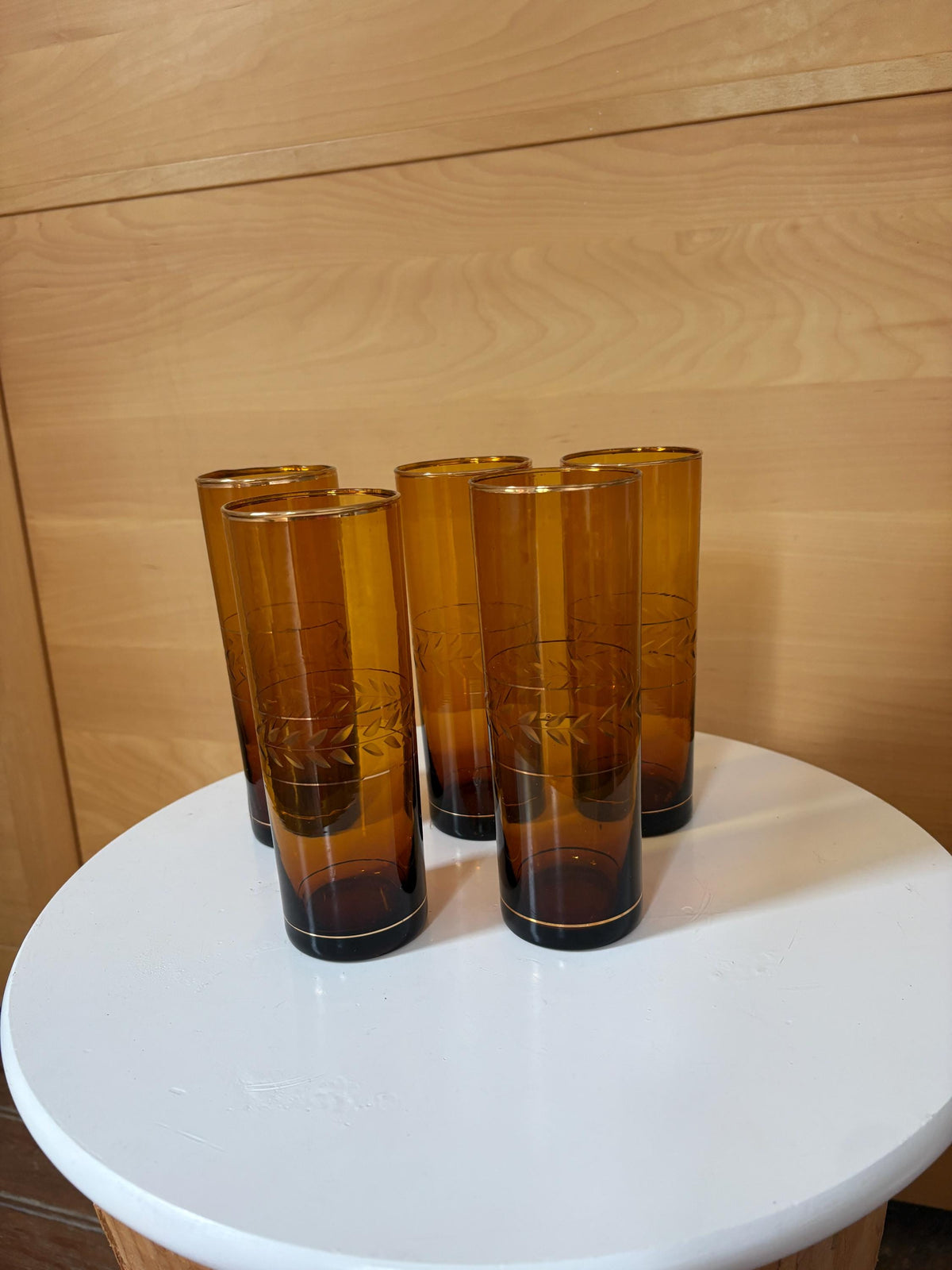 Vintage Amber Brown Highball Glasses Set of 5 | Gold-Rimmed Etched Leaf Tumblers | Elegant Retro Barware