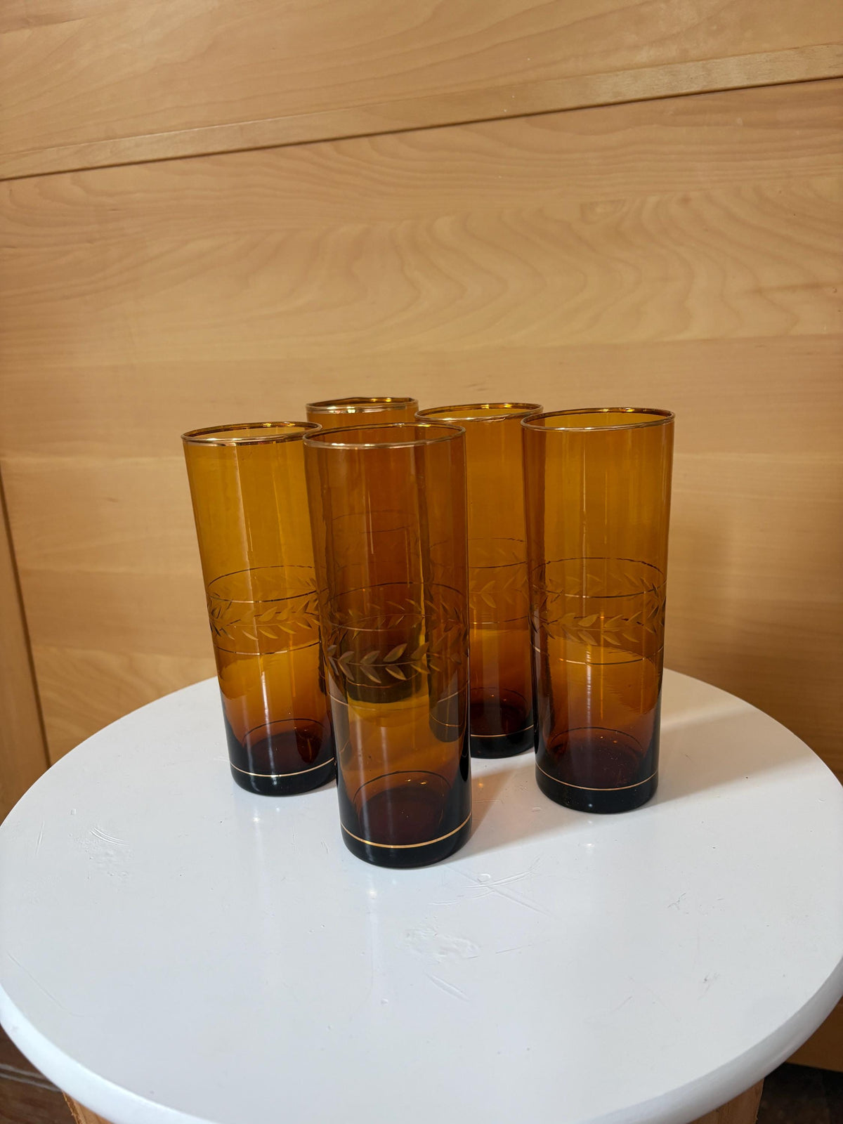 Vintage Amber Brown Highball Glasses Set of 5 | Gold-Rimmed Etched Leaf Tumblers | Elegant Retro Barware