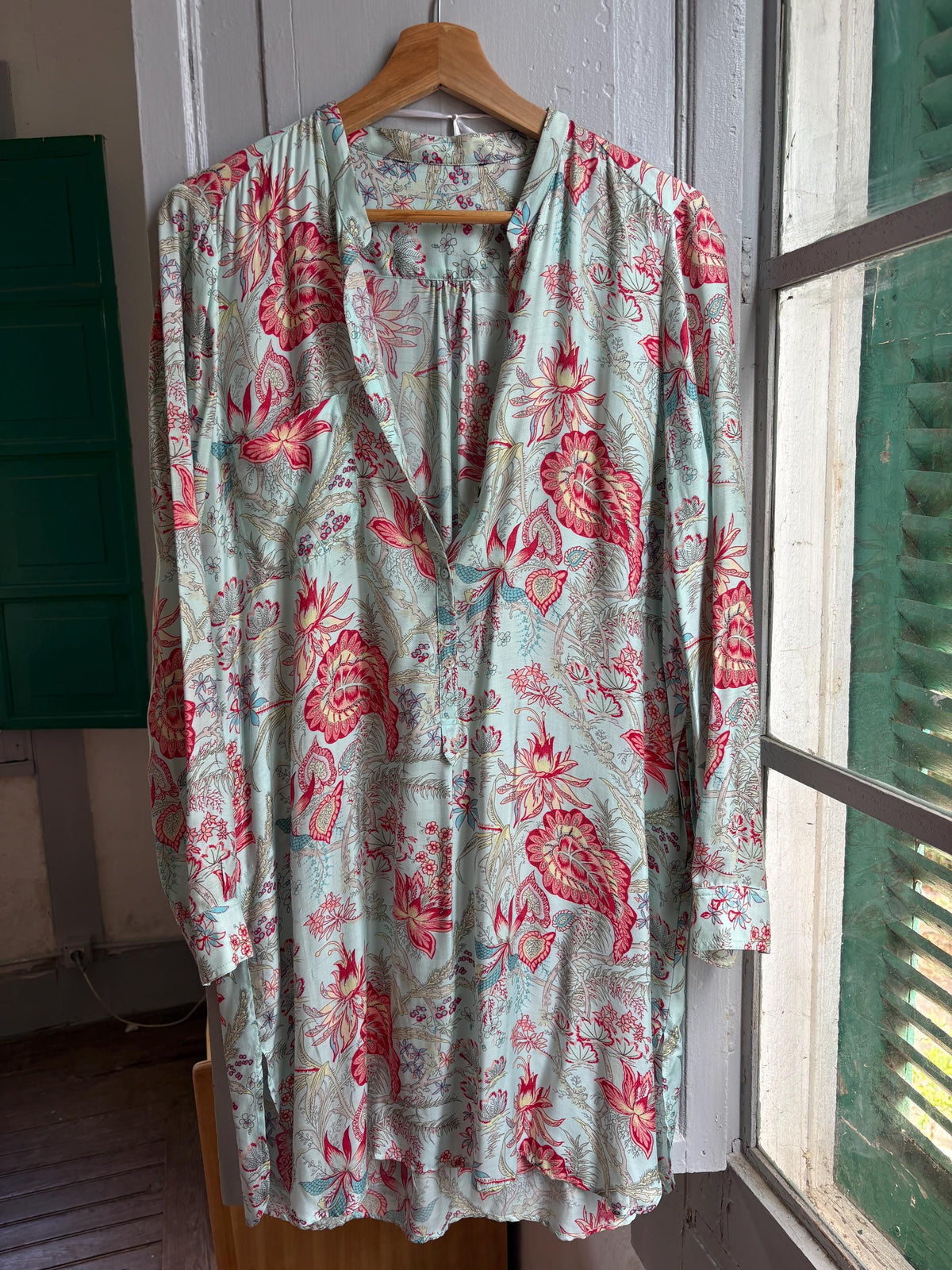 Floral Beach Tunic Dress | Aqua Botanical Shirt Dress with Side Slits | Lightweight Pool and Resort Cover-Up