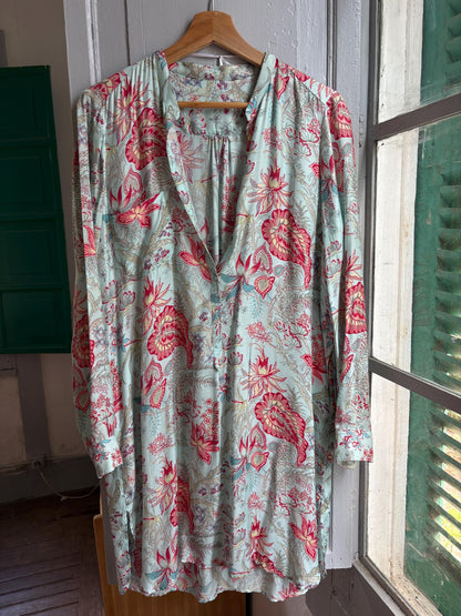 Floral Beach Tunic Dress | Aqua Botanical Shirt Dress with Side Slits | Lightweight Pool and Resort Cover-Up