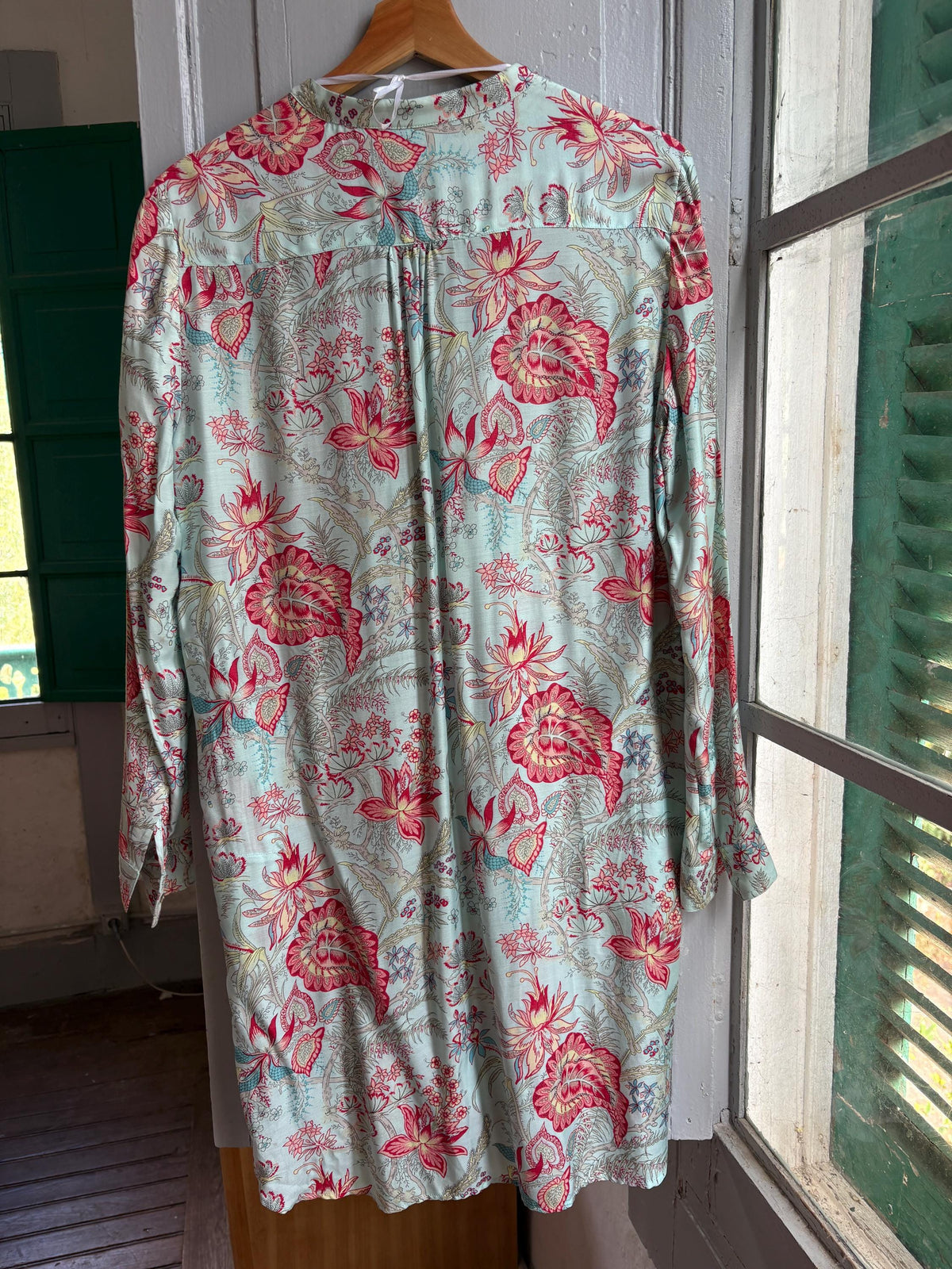 Floral Beach Tunic Dress | Aqua Botanical Shirt Dress with Side Slits | Lightweight Pool and Resort Cover-Up