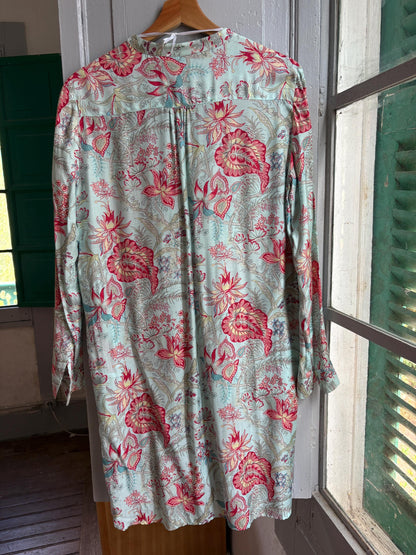 Floral Beach Tunic Dress | Aqua Botanical Shirt Dress with Side Slits | Lightweight Pool and Resort Cover-Up