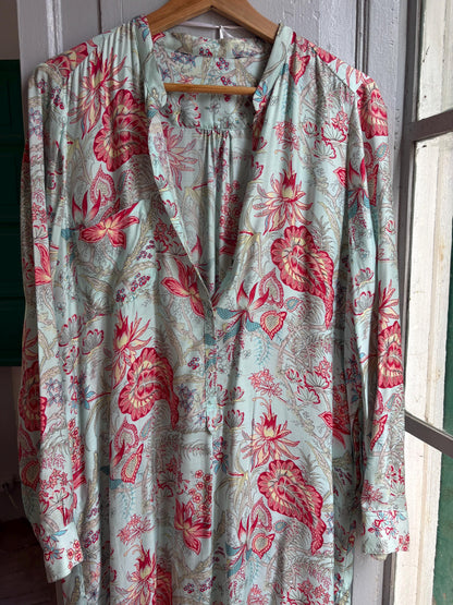 Floral Beach Tunic Dress | Aqua Botanical Shirt Dress with Side Slits | Lightweight Pool and Resort Cover-Up