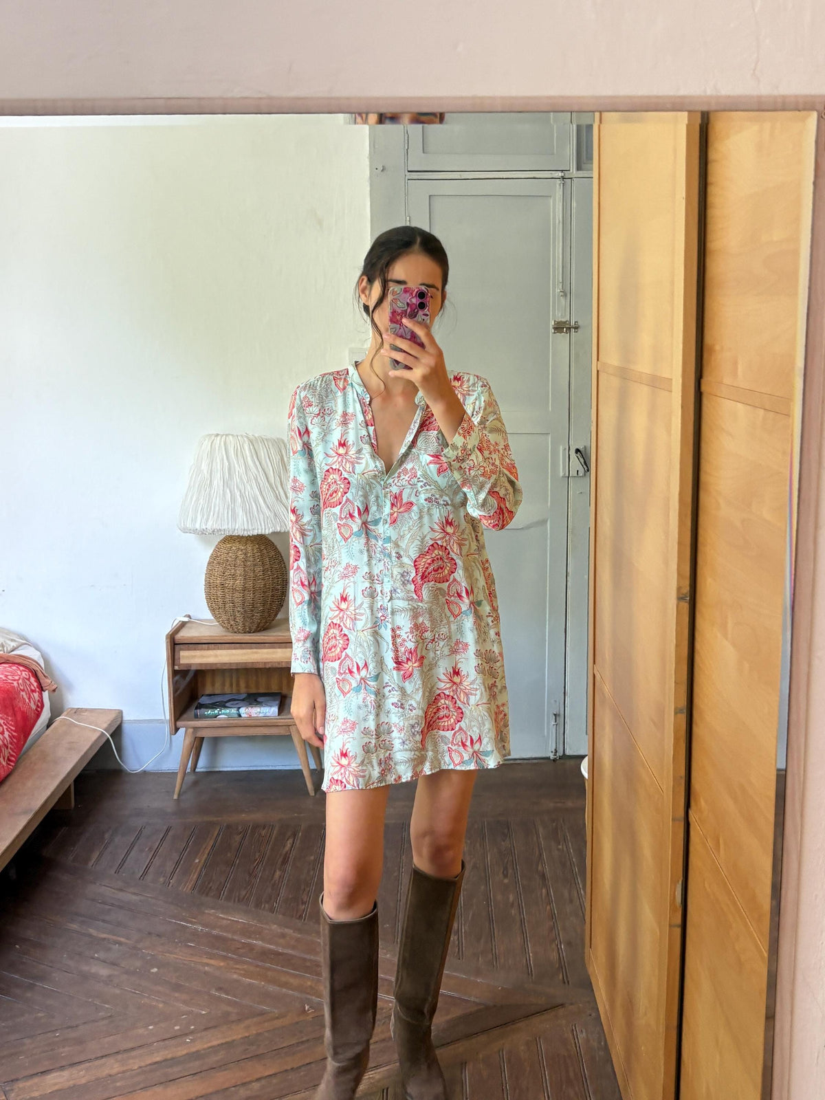 Floral Beach Tunic Dress | Aqua Botanical Shirt Dress with Side Slits | Lightweight Pool and Resort Cover-Up
