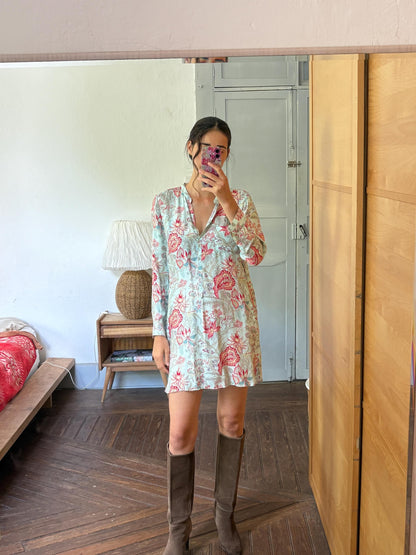 Floral Beach Tunic Dress | Aqua Botanical Shirt Dress with Side Slits | Lightweight Pool and Resort Cover-Up