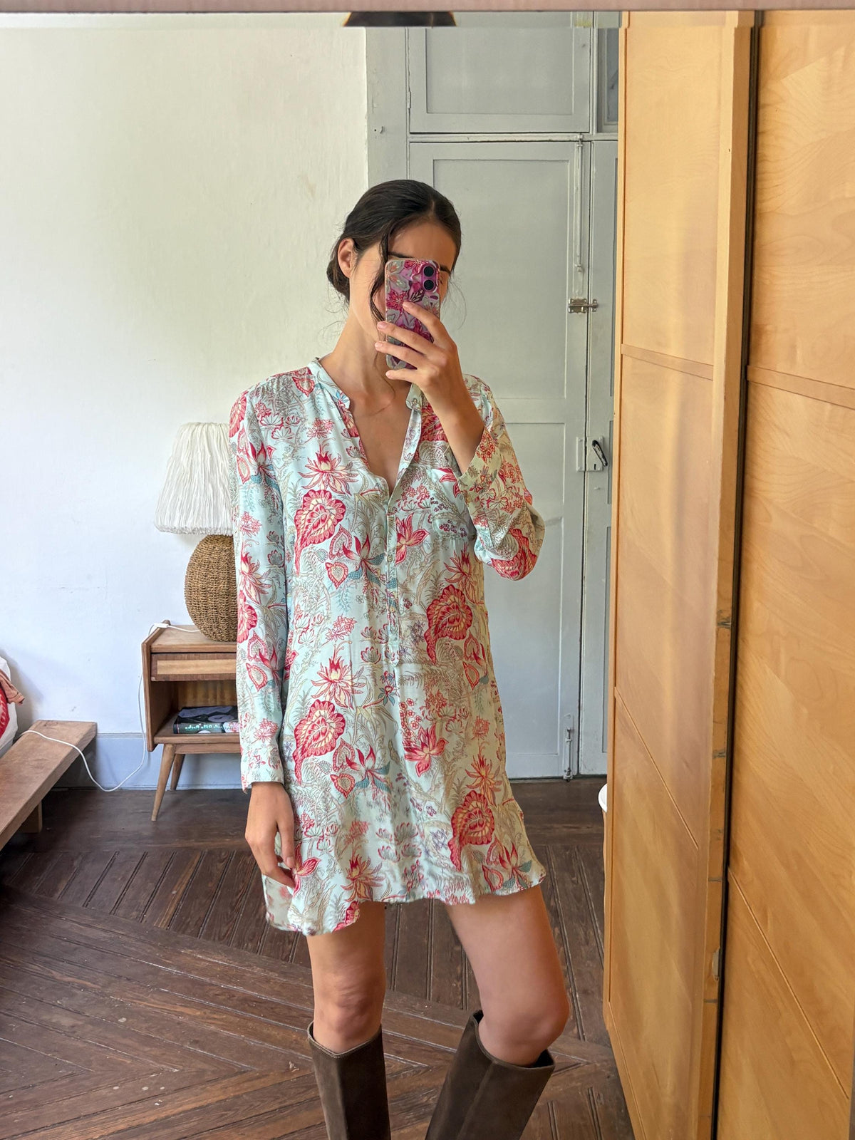 Floral Beach Tunic Dress | Aqua Botanical Shirt Dress with Side Slits | Lightweight Pool and Resort Cover-Up