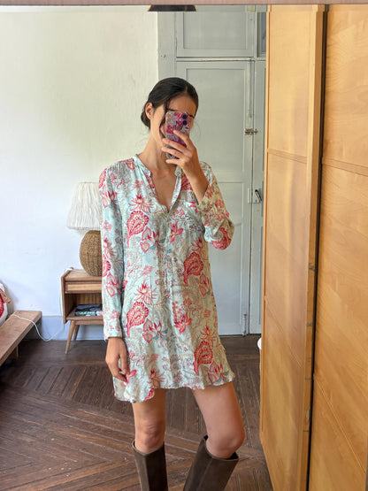 Floral Beach Tunic Dress | Aqua Botanical Shirt Dress with Side Slits | Lightweight Pool and Resort Cover-Up