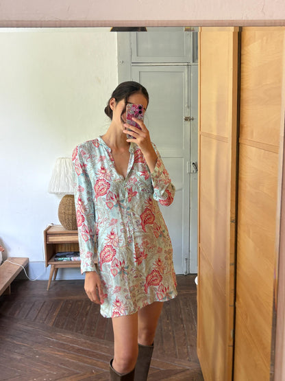 Floral Beach Tunic Dress | Aqua Botanical Shirt Dress with Side Slits | Lightweight Pool and Resort Cover-Up